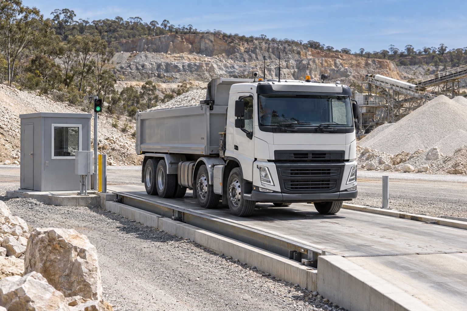 Illustrative Australian quarry scene with a tipper truck positioned on a weighbridge